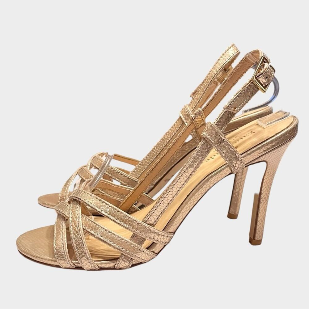 KATE SPADE Platino Gold Snake Embossed Strappy Heels Size 8 Glam - Picture 2 of 9